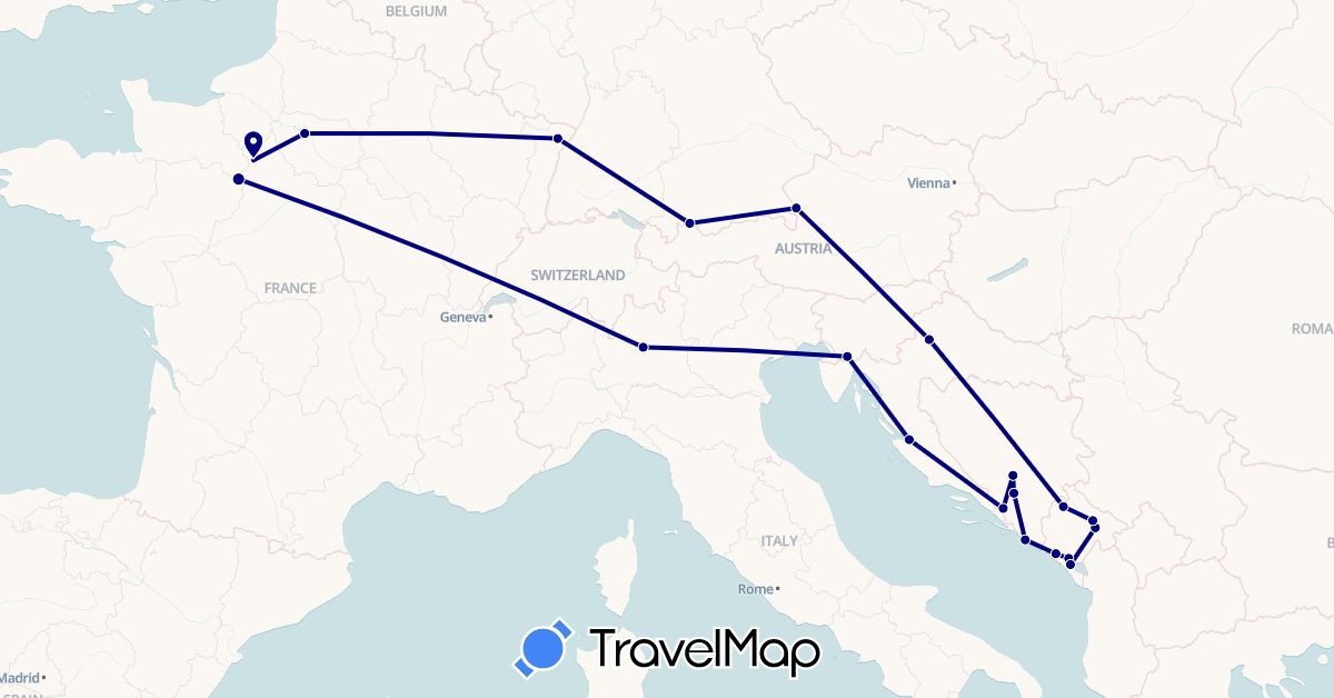 TravelMap itinerary: driving in Austria, Bosnia and Herzegovina, Germany, France, Croatia, Italy, Montenegro, Slovenia (Europe)